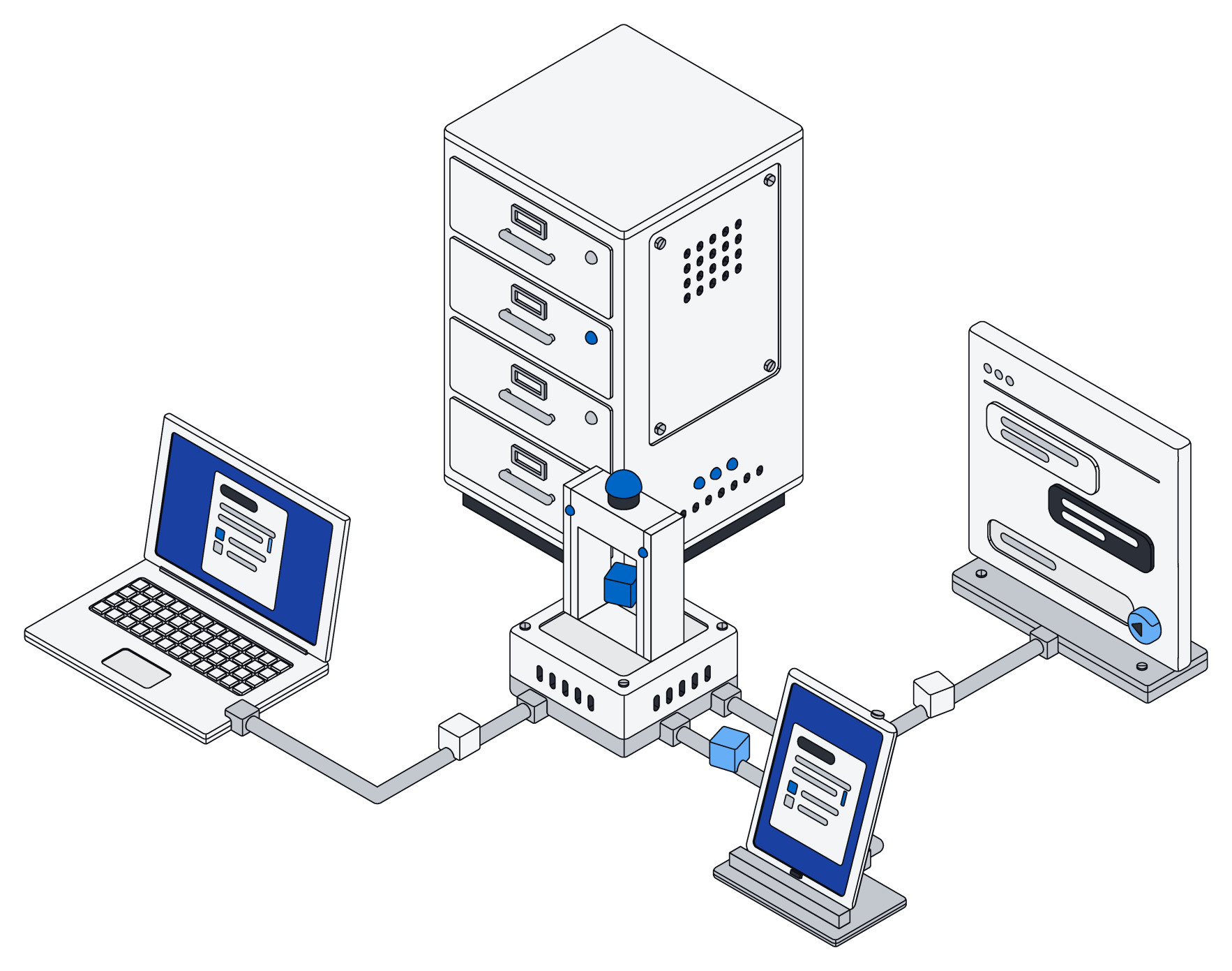 A laptop, a tablet and an AI chat window each wired through the same small gate into one records cabinet