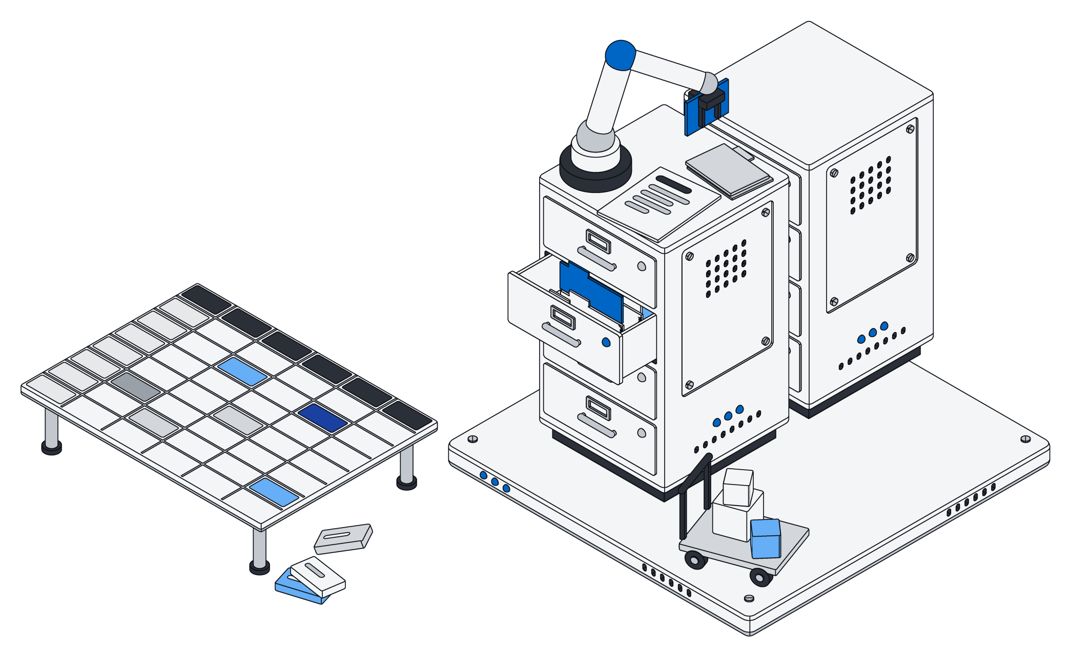 A flat spreadsheet board on legs with a few loose tiles beside a pair of sturdy record cabinets, where a robot arm files a card