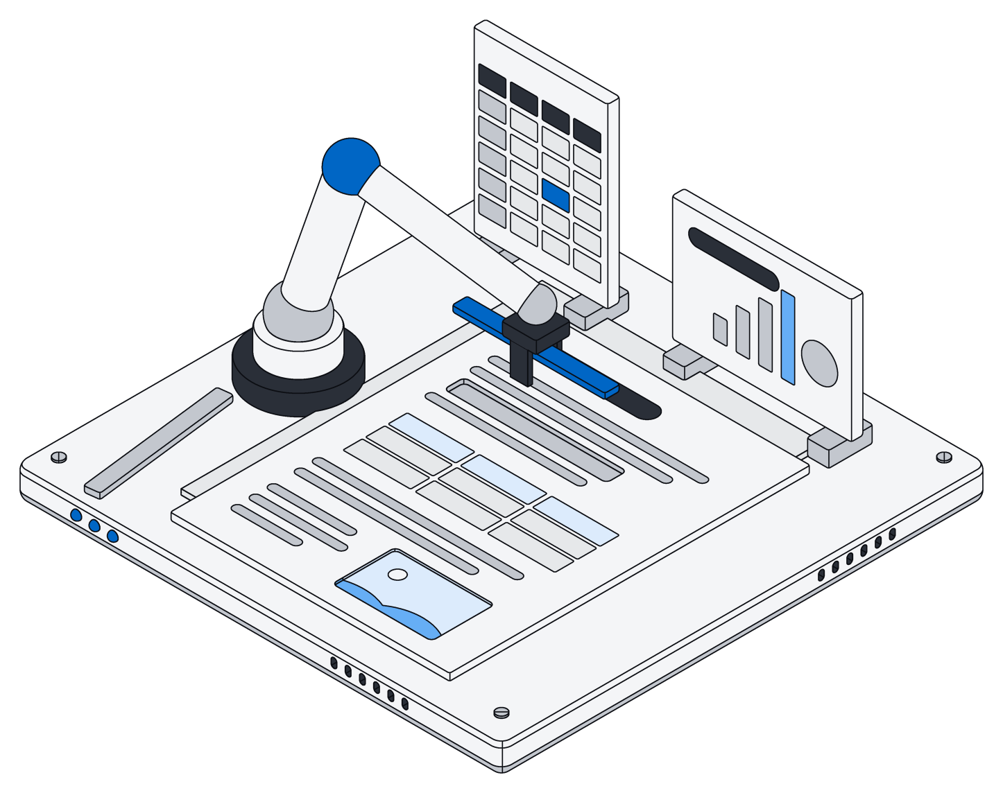 A robot arm lowering a single new line into a document on a workbench, with a spreadsheet and a slide standing behind it