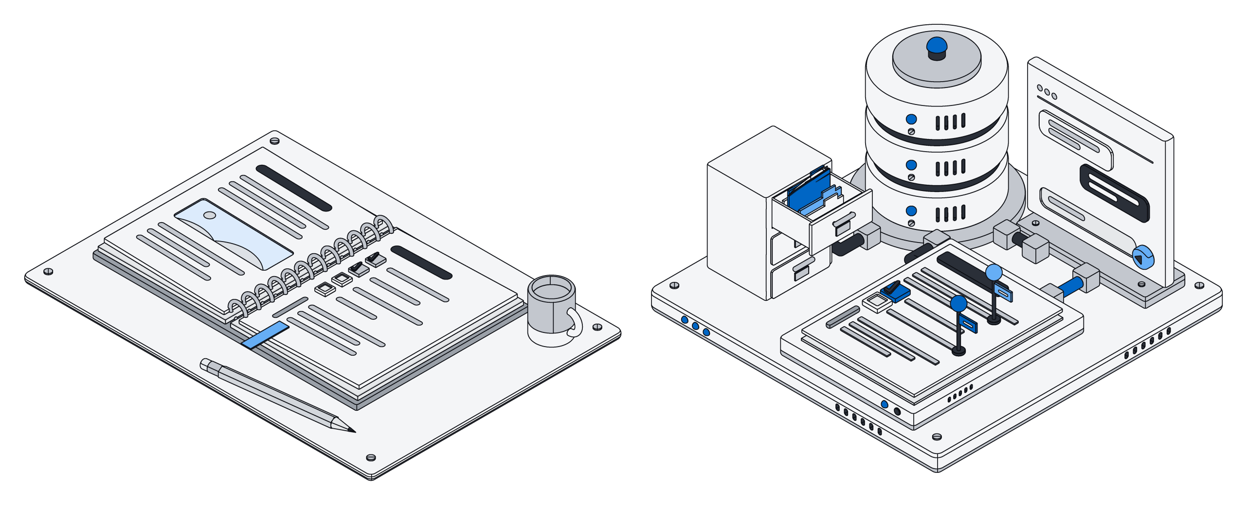 A tidy paper notebook on a desk beside a platform where a live page, a records cabinet and an AI chat window are wired together
