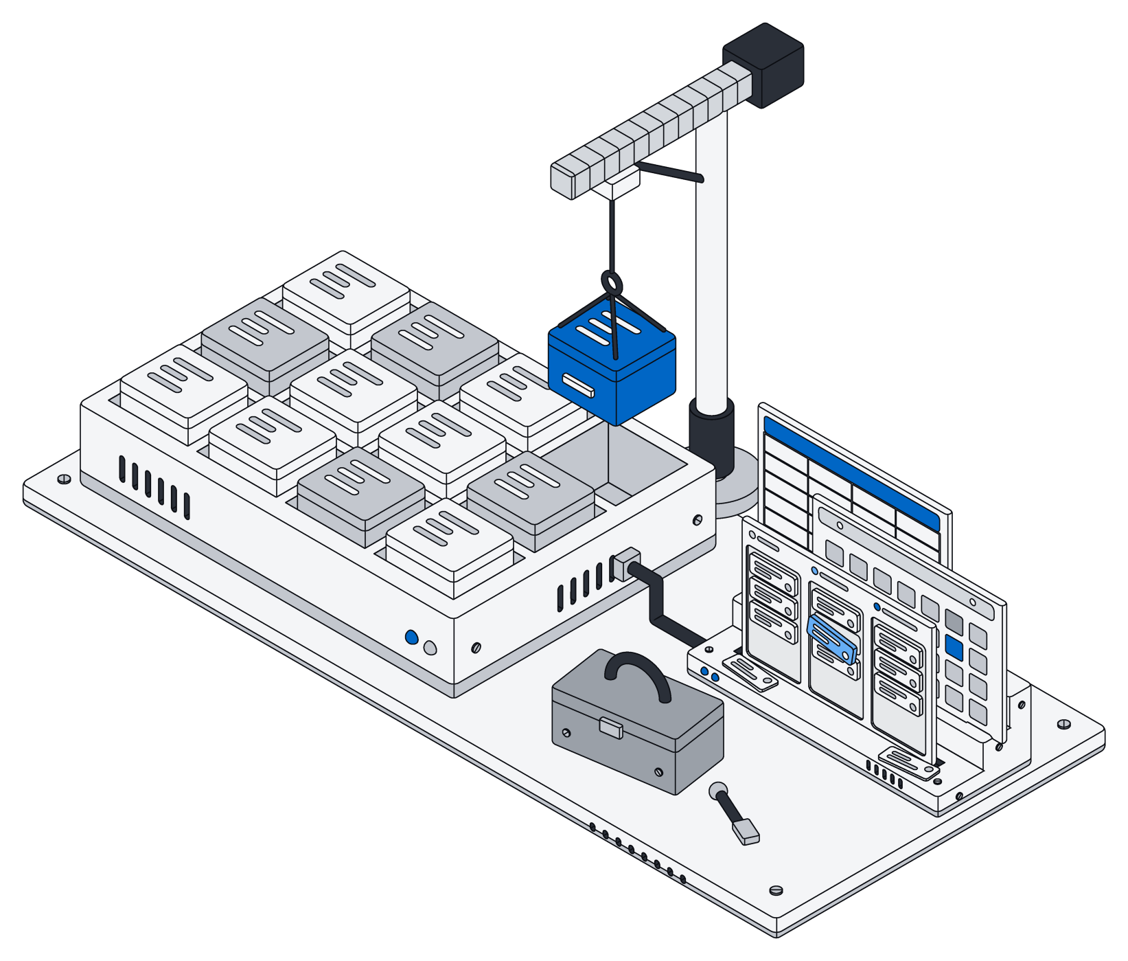 A crane lowers a new blue module into the one empty slot of a grid of record blocks, cabled to a stand of board, calendar and list panels, with a toolbox and wrench nearby