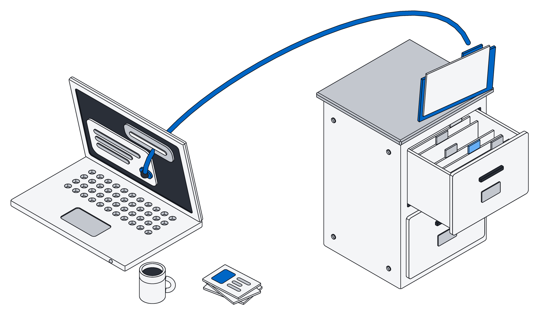 A laptop showing a chat answer, with a blue thread running from the answer to one folder lifted out of an open filing cabinet drawer