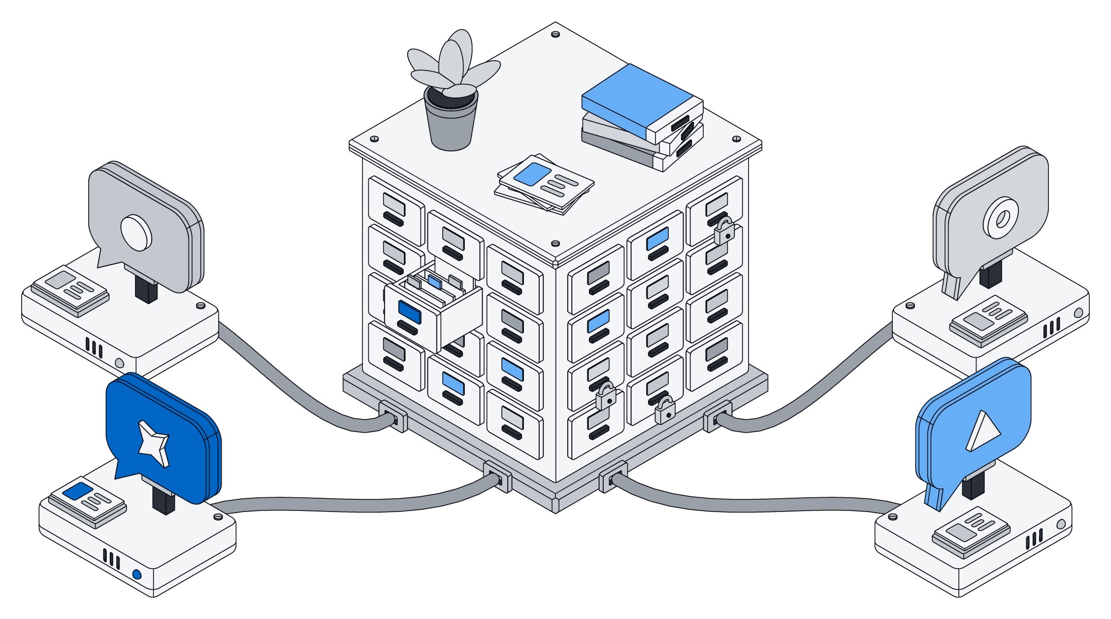 Four chat assistants plugged into one large card catalog, with one drawer pulled open and a few drawers locked
