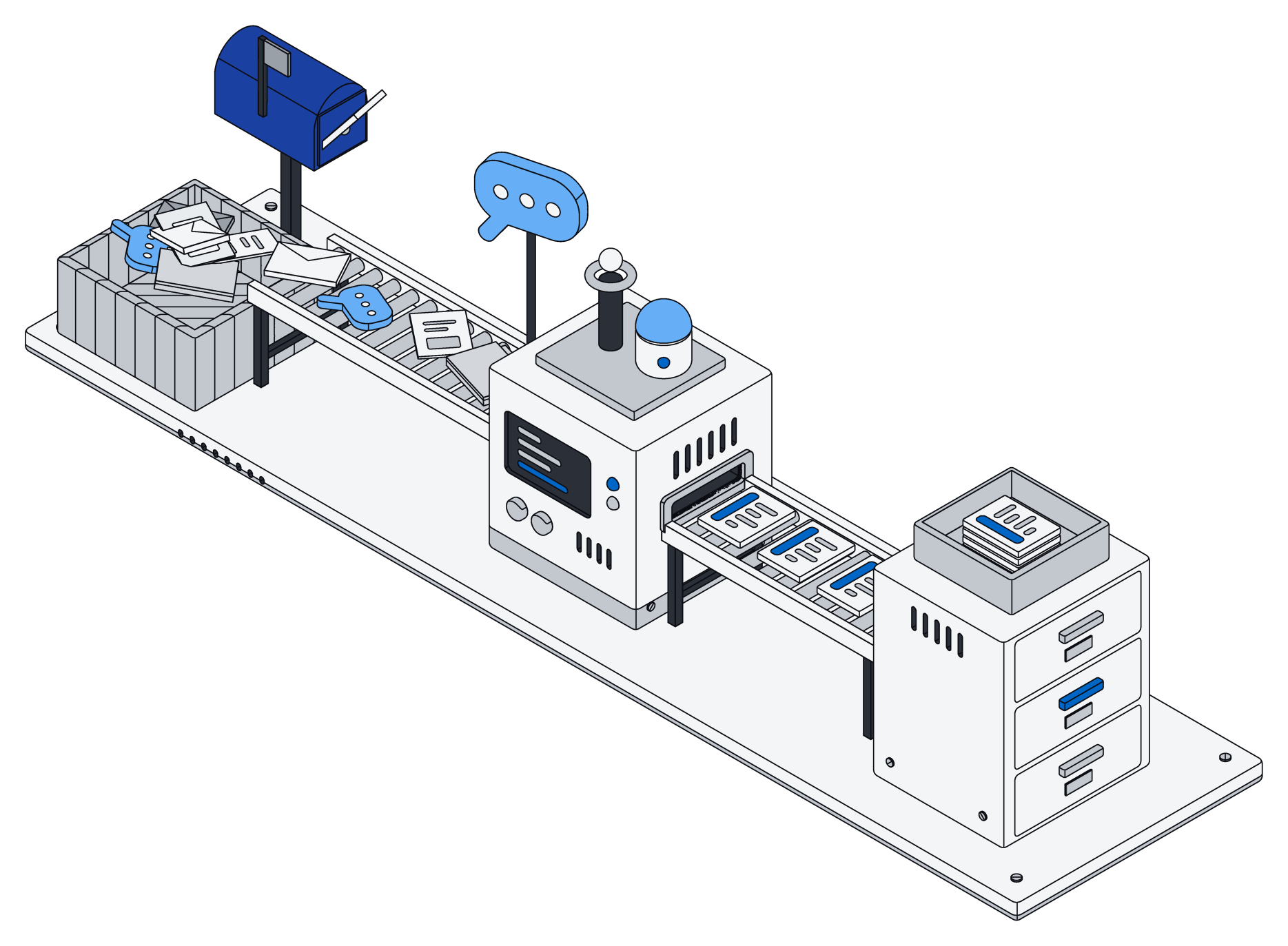 A mailbox, a chat sign and a bin of loose envelopes and notes feed a belt into a sorting machine, which sends out identical record cards to a filing cabinet