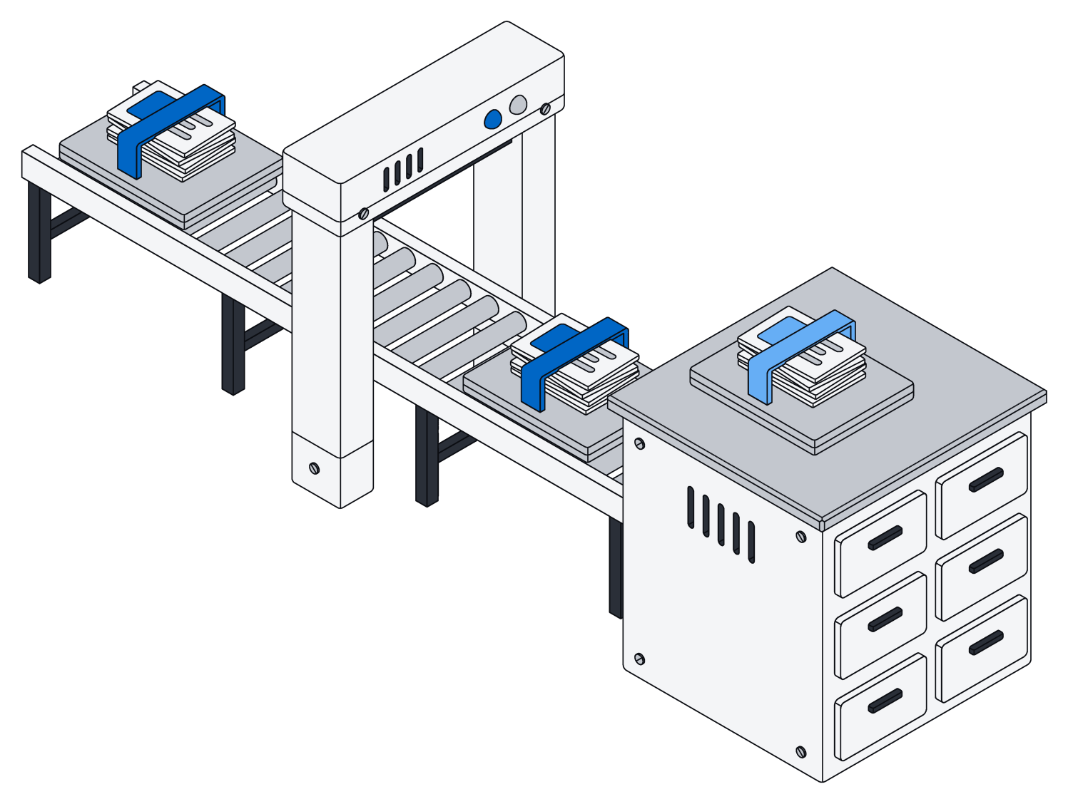 Bundles of cards strapped together with a blue band ride a roller conveyor through a gate into a cabinet, each bundle moving as one piece