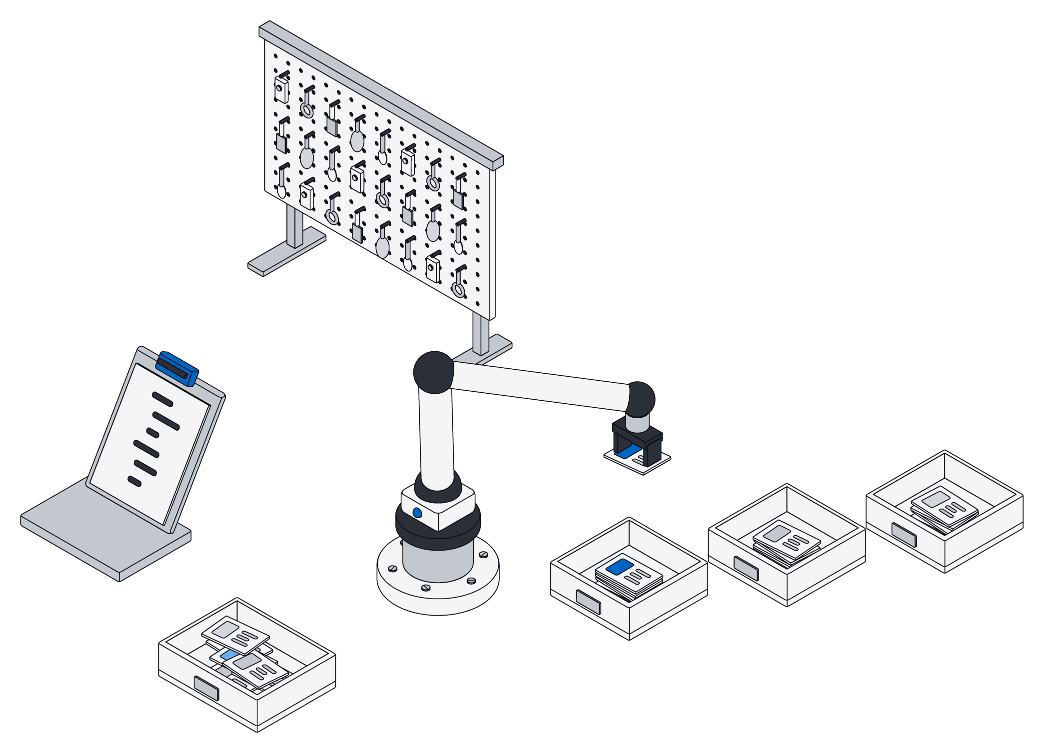 A pegboard crowded with small single-purpose gadgets behind one robot arm that follows a recipe on a clipboard and sorts cards into trays