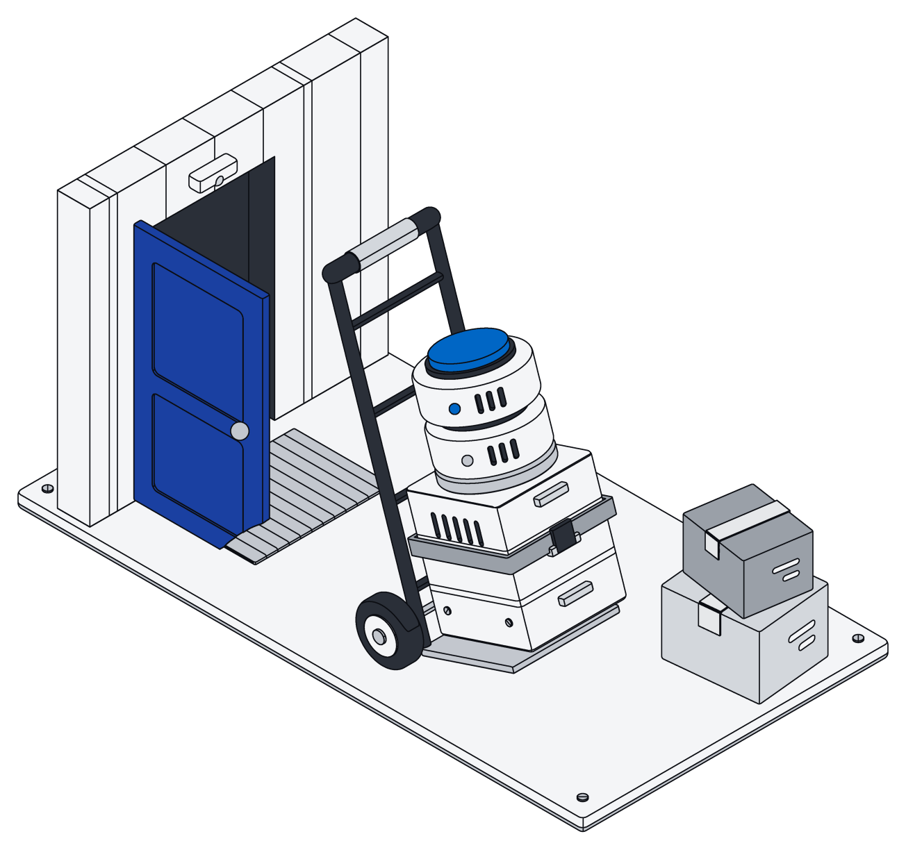A database being wheeled out through an open door