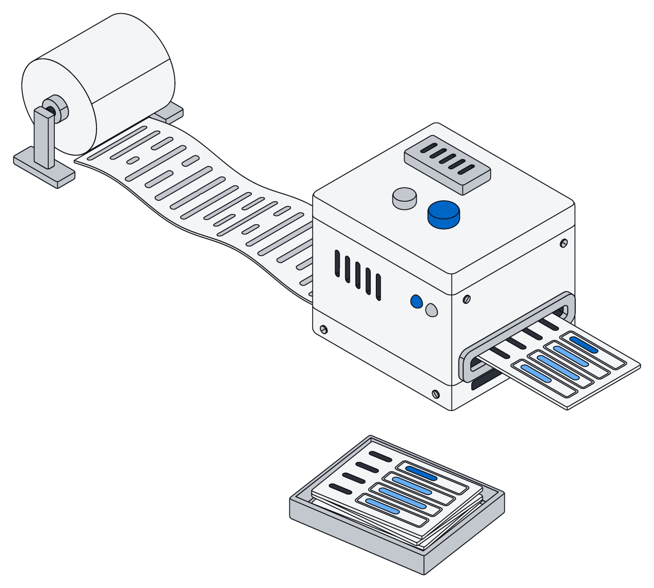 A long paper roll of text feeds into a machine, which prints neat record cards with filled-in blue fields into a tray