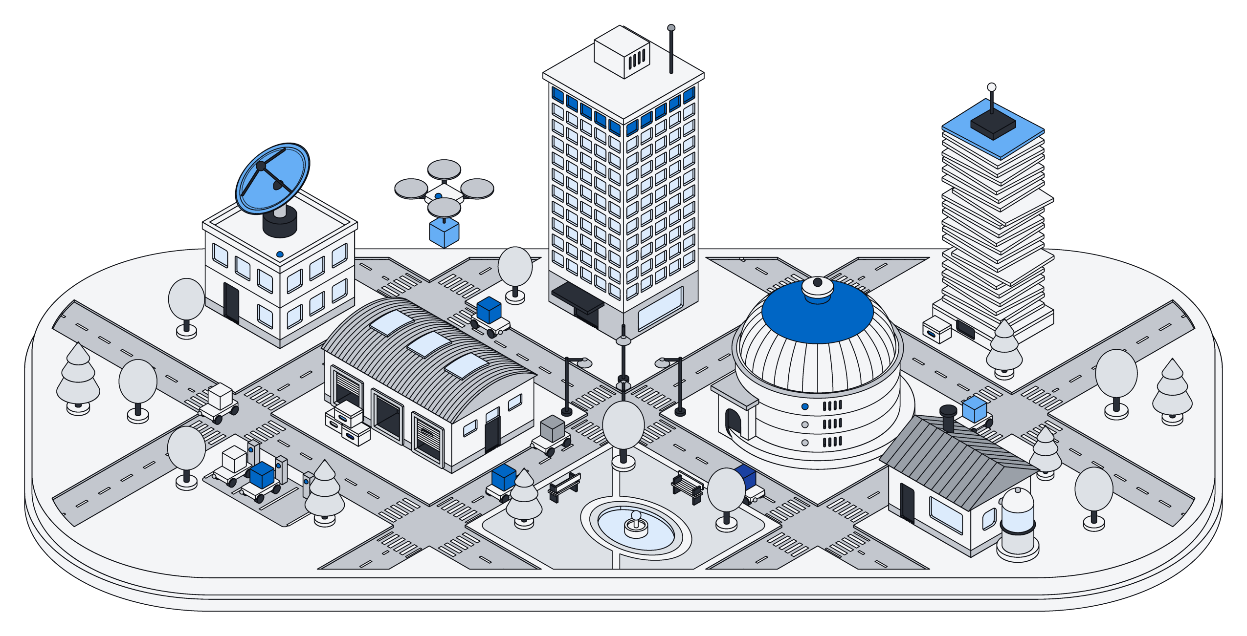 A city block whose buildings are records, pages, files, a vault and an antenna for AI assistants