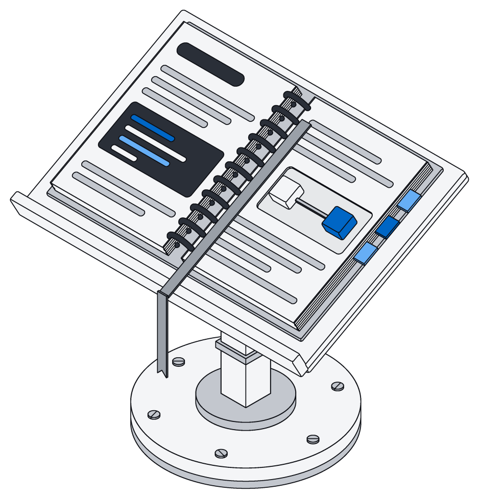 An open binder of documentation pages with code snippets and diagrams