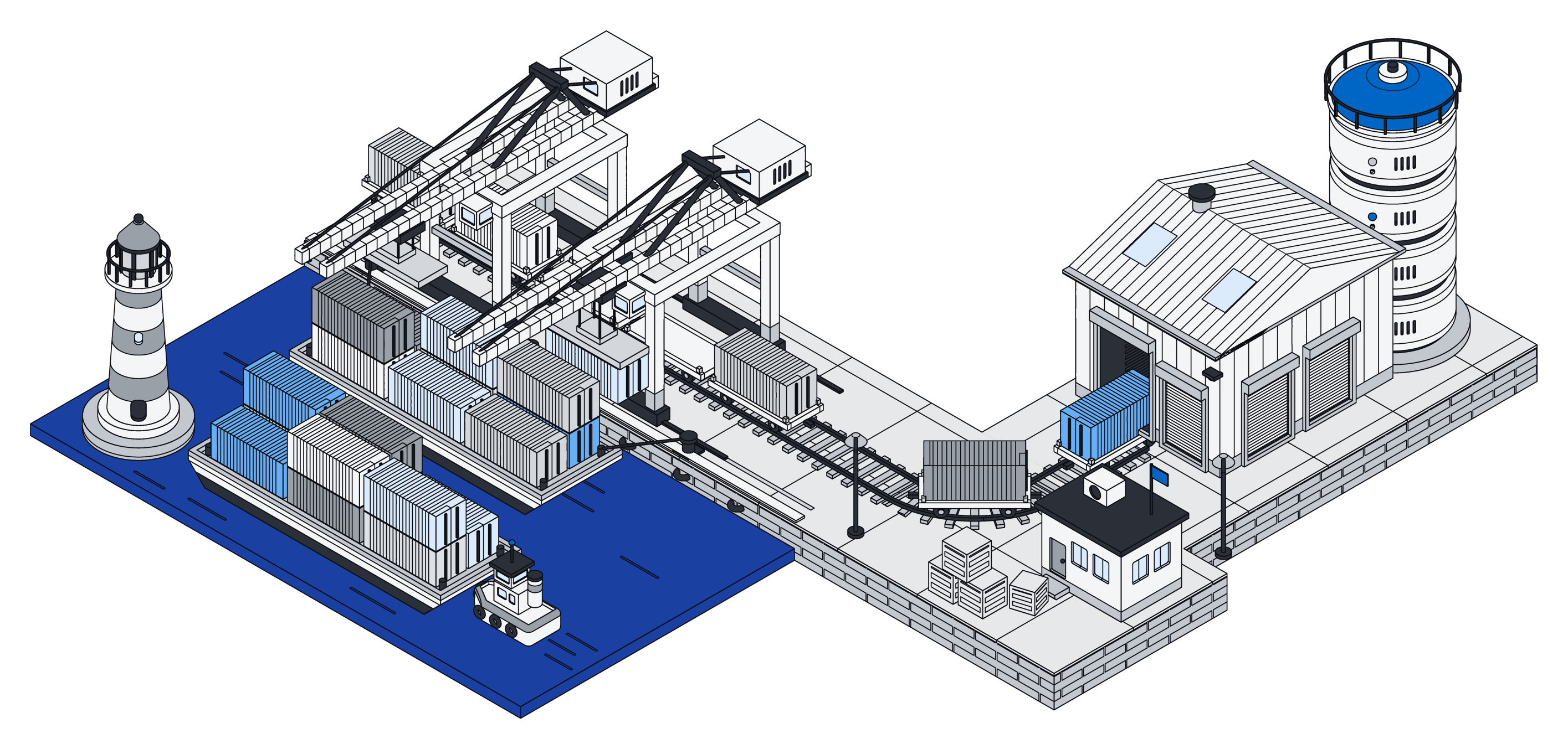 A harbor where barges of containers are unloaded into a warehouse