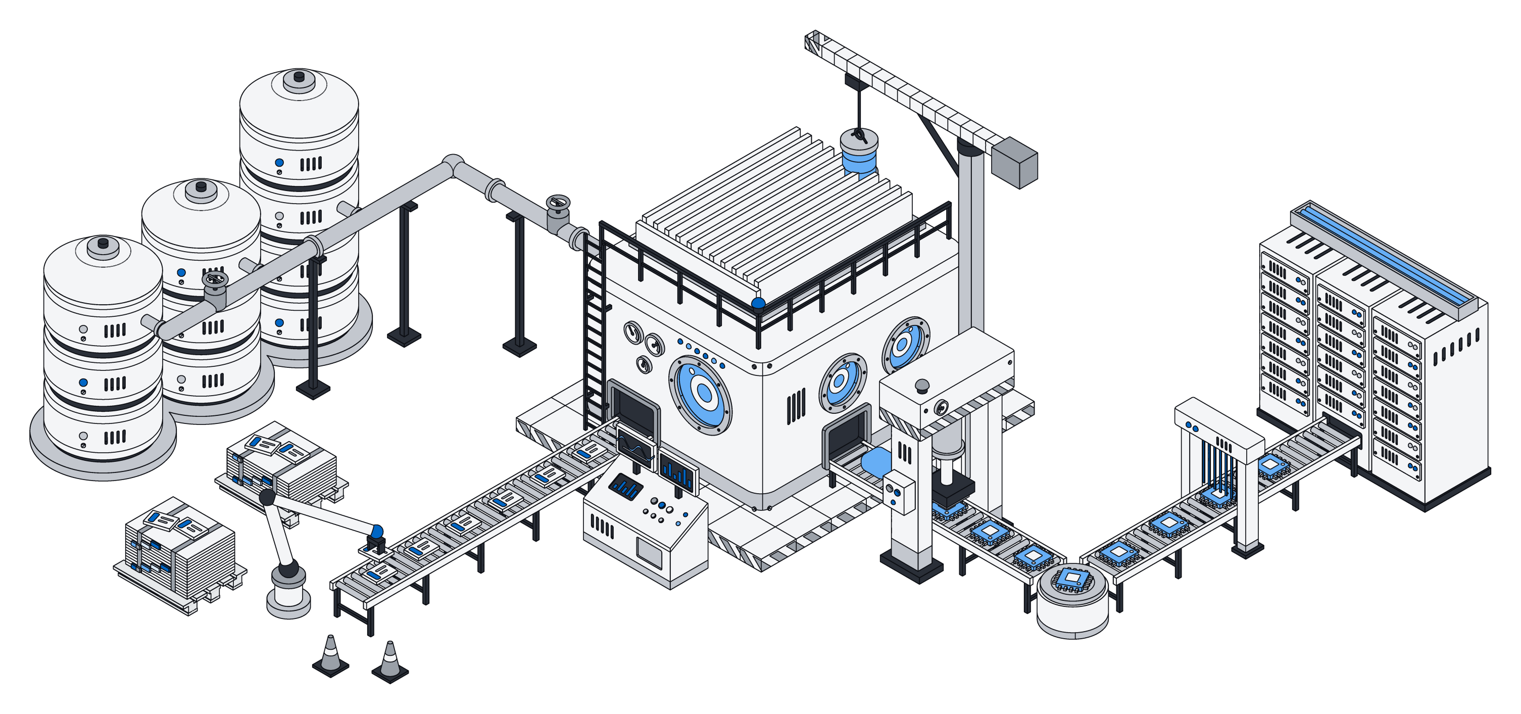 A model foundry: storage silos feed a training rig that stamps out model chips