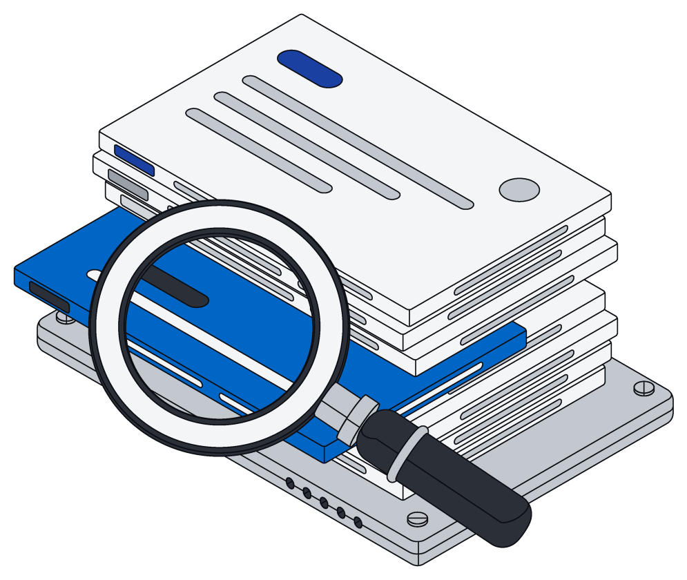 A magnifier sweeping across stacked pages