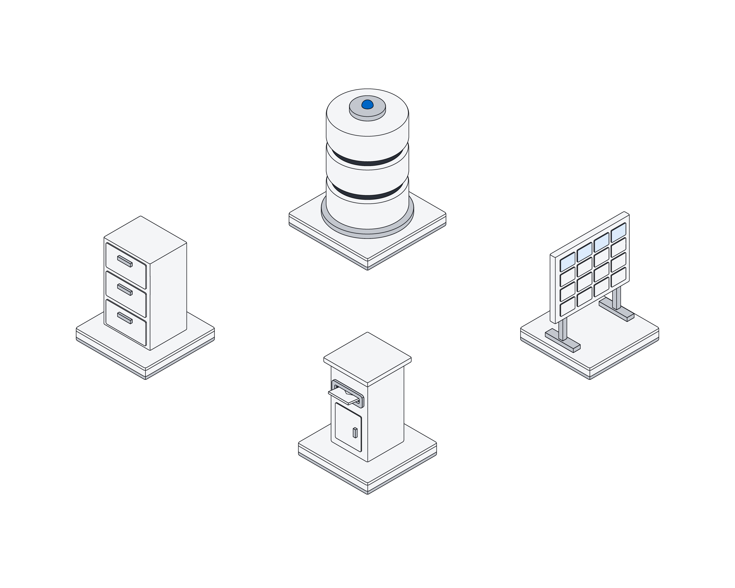 A filing cabinet, a data silo, a mailbox and a spreadsheet board, each standing apart
