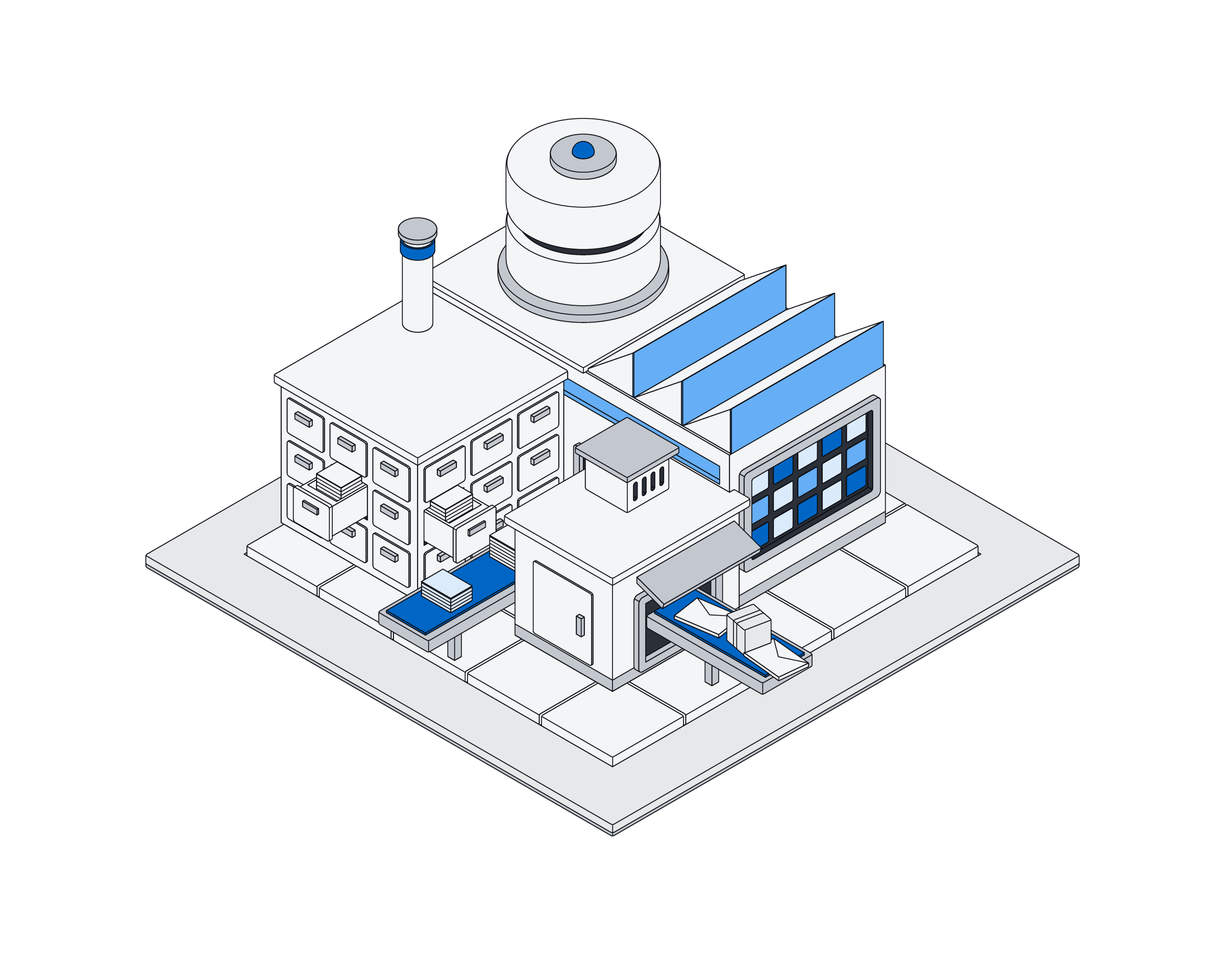 A working factory with a wall of drawers, a data silo on the roof, an intake bay and a lit panel, with conveyors carrying mail in and sorted stacks out