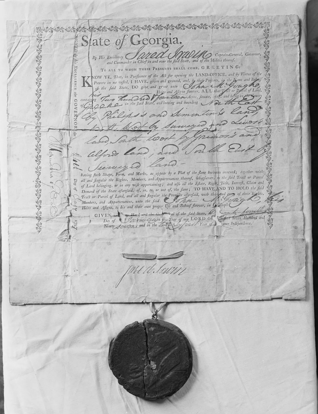 A land deed and its wax seal, Greene County, Georgia, 1797