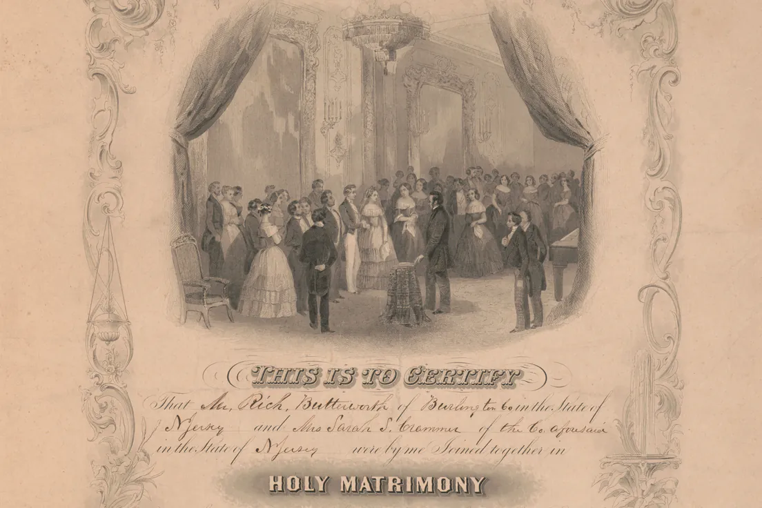 A marriage certificate filled in by hand, New Jersey, 1855