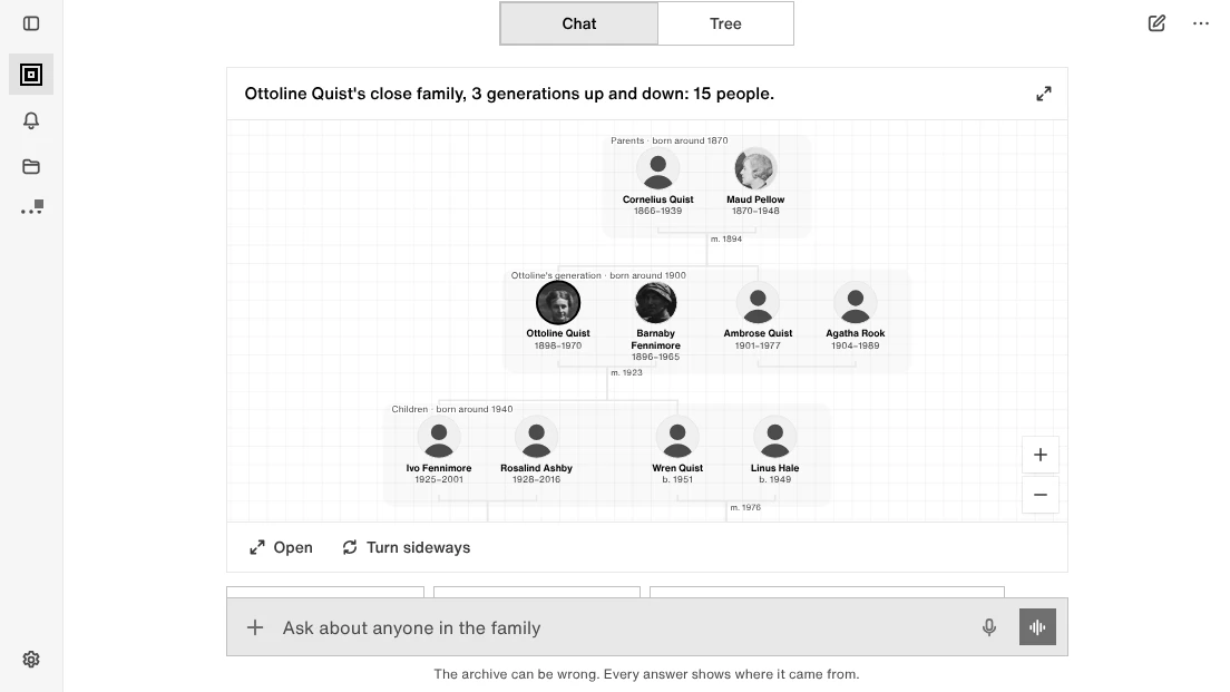 A chat where a family tree file has been brought in, with a line saying how many people, families and events it held