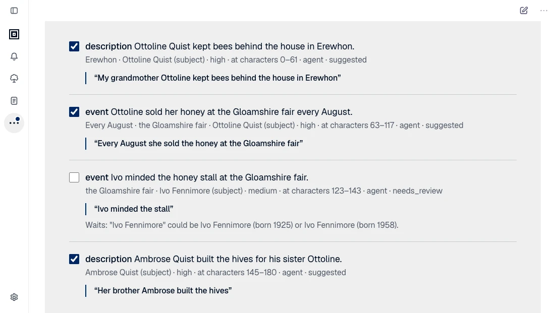 Suggested records from a story, each ticked or waiting, each quoting the words it came from