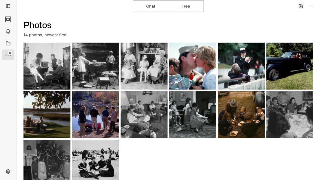 A grid of old family photographs, newest first