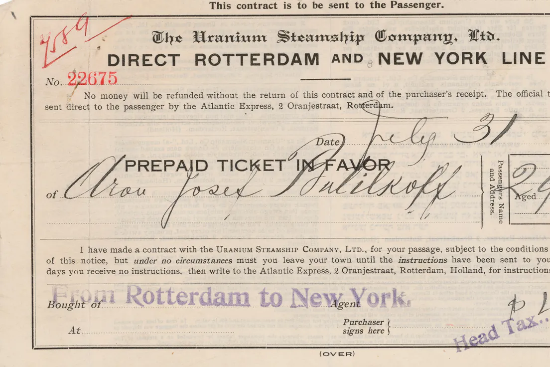 A steamship ticket, Rotterdam to New York, 1911
